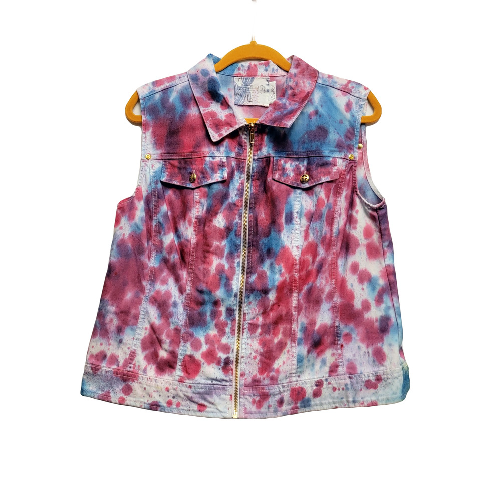 Sleeveless collared denim jacket maroon blue Large zipper